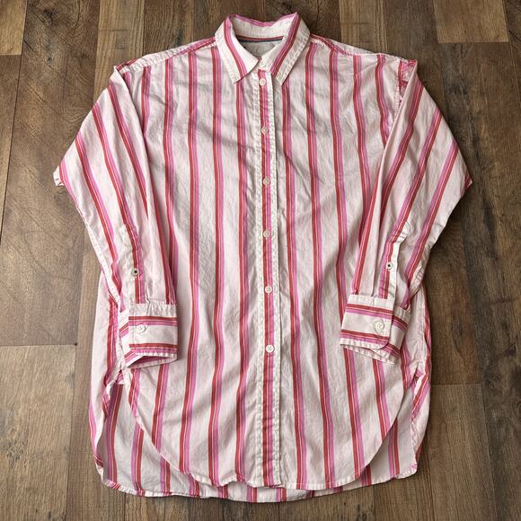 J Crew Button Down Shirt Women's Size 2XS Pink Striped Preppy Relaxed Fit 5628 - Picture 1 of 13